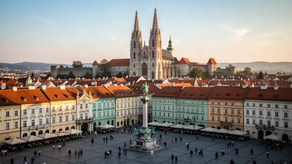 Die Türme des Zagreber Doms ragen zur goldenen Stunde über den Ban-Jelačić-Platz und die Terrakottadächer der kroatischen Oberstadt