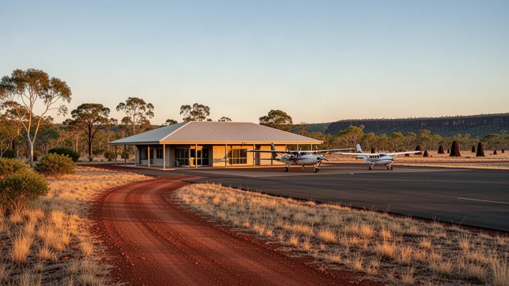 Petit terminal de l'outback et avion léger sur le tarmac de l'aéroport d'Undara dans le nord du Queensland, en Australie, à l'heure dorée