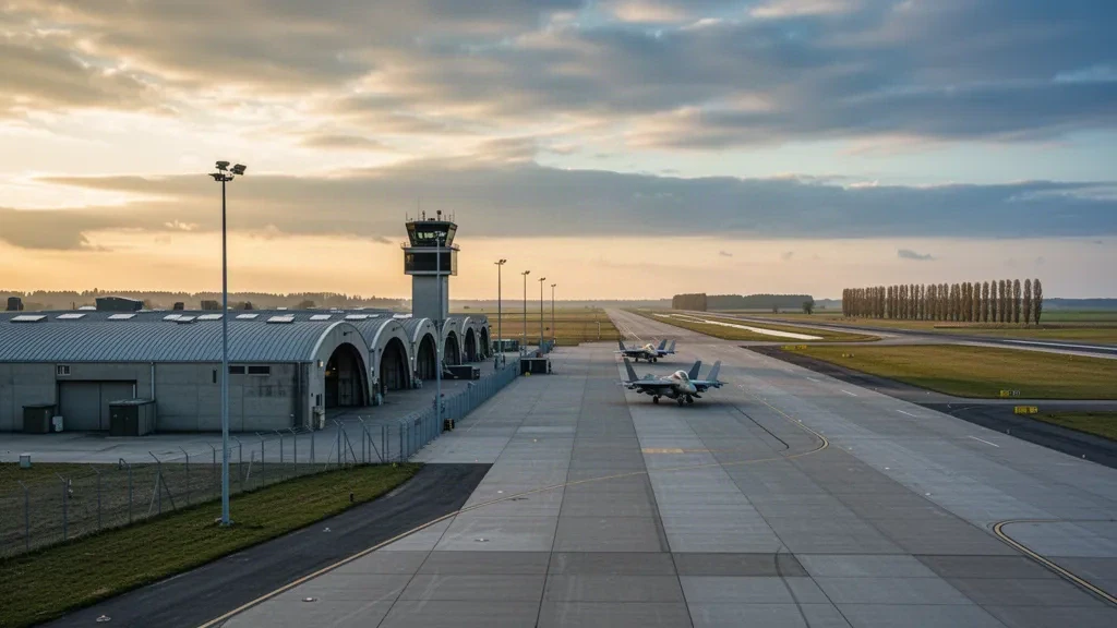 Hollanda'da Uden yakınlarındaki Volkel Hava Üssü'nün beton pistini, hangarlarını, sığınaklarını ve kontrol kulesini gösteren altın saat manzarası.