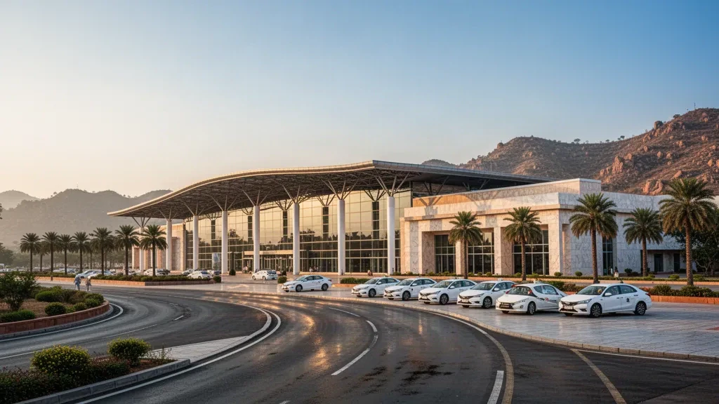 Modern glass terminal exterior at Maharana Pratap Airport in Udaipur at golden hour, with drop-off lanes and Aravalli hills beyond