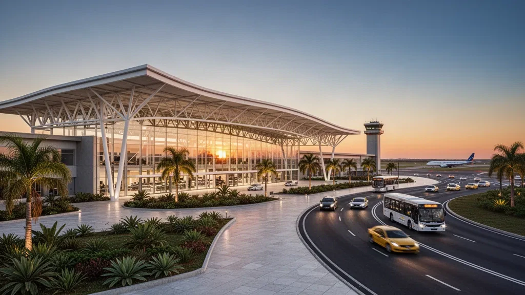 Modern glass and white steel terminal exterior at Uberlândia Airport in Brazil, with drop-off lanes and warm golden-hour light