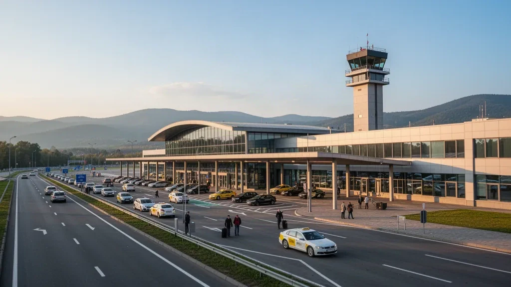 Terminal moderno, corsie per la deposito passeggeri e strada di accesso all'Aeroporto Internazionale di Uzhhorod in Ucraina, con auto e colline in lontananza.