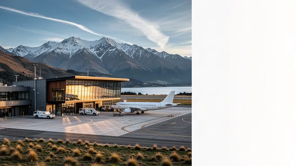 Modernes Terminal des Flughafens Queenstown zur goldenen Stunde mit den Remarkables und dem Lake Wakatipu hinter dem Vorfeld.