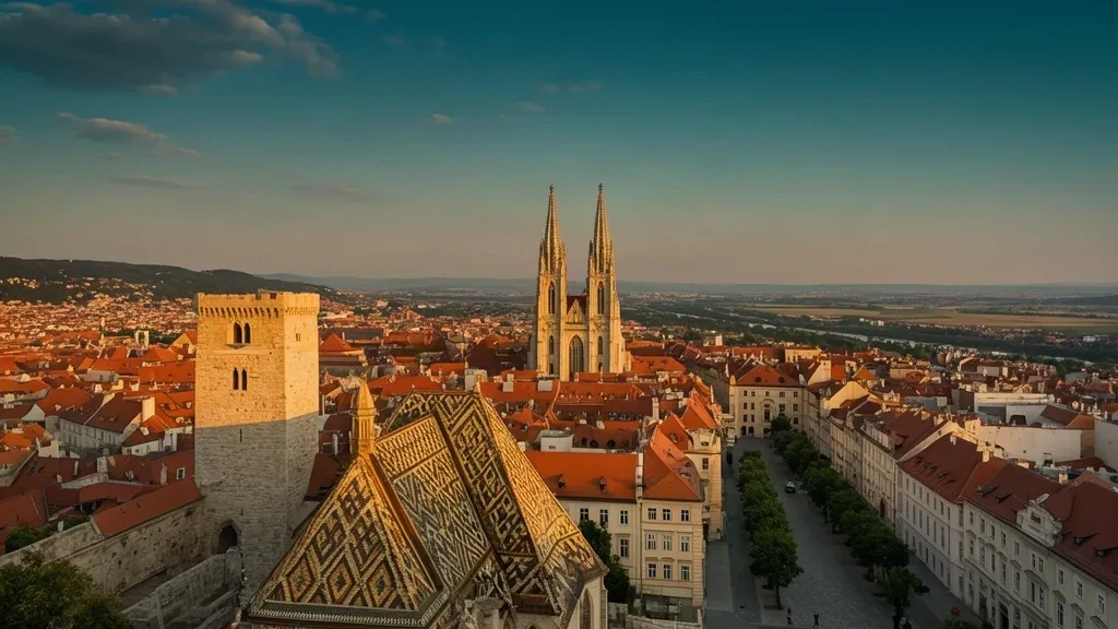 Panorámica de Zagreb a la hora dorada con las dos torres de la Catedral de Zagreb y la Iglesia de San Marcos sobre los tejados de tejas de la Ciudad Alta