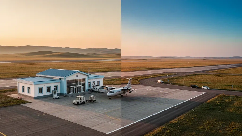 Small regional airport terminal and apron at Bulgan Airport in Mongolia, surrounded by open steppe grassland under a warm golden-hour sky