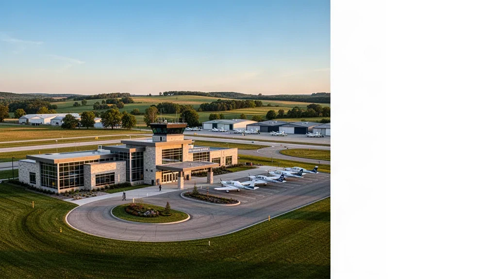 Terminal des Waukesha County Airport, Hangars und abgestellte Flugzeuge der allgemeinen Luftfahrt unter einem Himmel über Wisconsin zur goldenen Stunde.