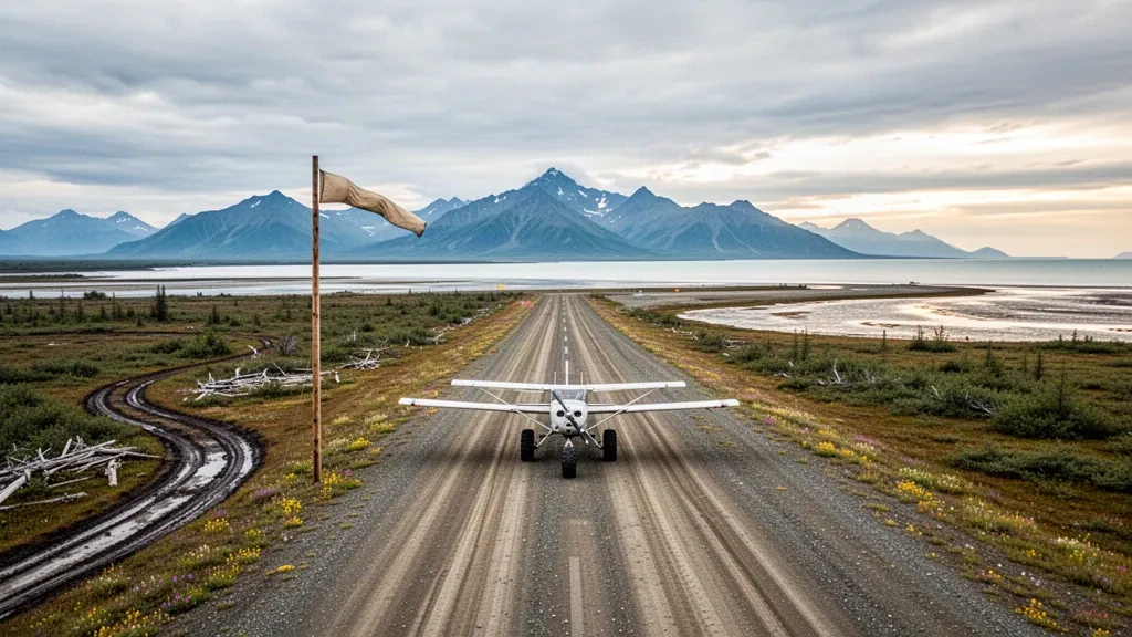 Pista de grava y pequeña avioneta en el Aeropuerto de Ugashik Bay, en la península de Alaska, bajo una fría luz costera