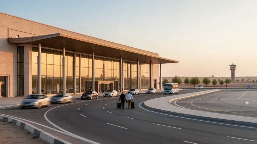 Moderner Glasterminal von außen und Vorfahrtspur am Internationalen Flughafen Urgench in Usbekistan, beleuchtet vom warmen Licht der goldenen Stunde
