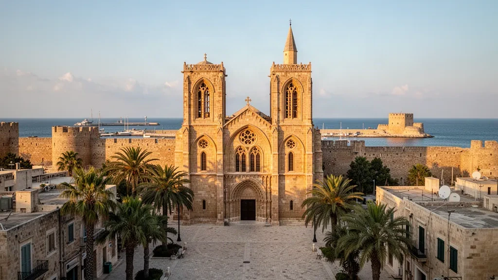 La mosquée Lala Mustafa Pasha et la ville historique fortifiée de Famagouste, à Chypre, baignées par la lumière chaude de la fin d'après-midi méditerranéenne
