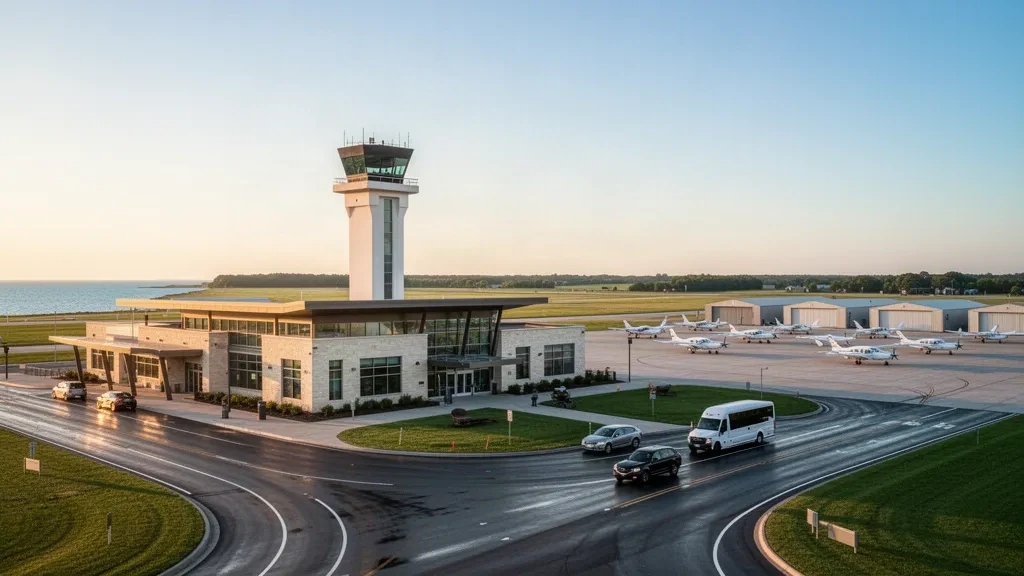 Blick zur goldenen Stunde auf das moderne Terminal, den Kontrollturm und das Vorfeld des Waukegan National Airport mit Leichtflugzeugen an einem klaren Nachmittag in Illinois.