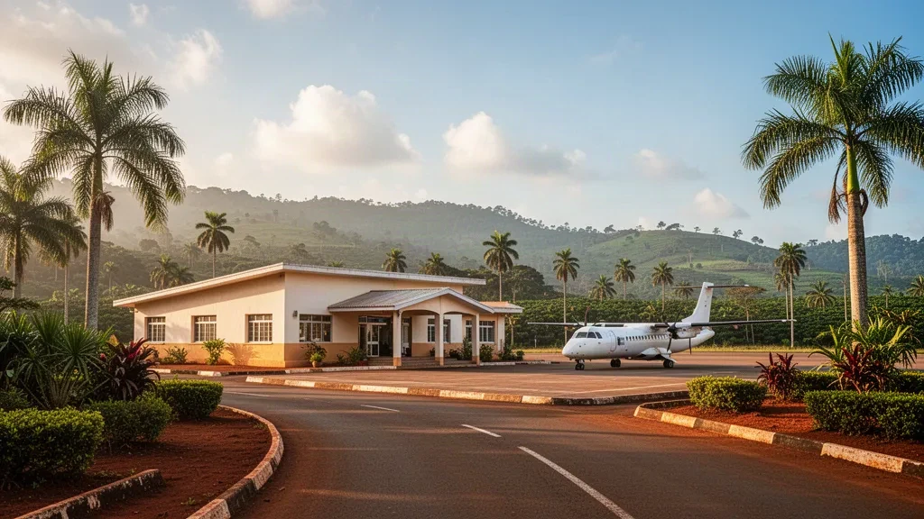 Petit terminal d'aéroport régional à Uige, en Angola, avec un turbopropulseur sur le tarmac et les hauts plateaux tropicaux verdoyants à l'heure dorée.