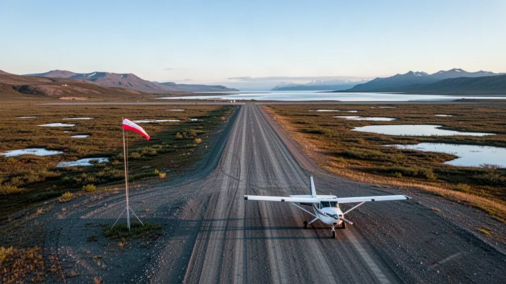 Weitblick auf die Schotterpiste des Ugashik Airport im abgelegenen Alaska, mit Tundra, fernen Hügeln und einem kleinen Buschflugzeug bei sanftem Tageslicht.