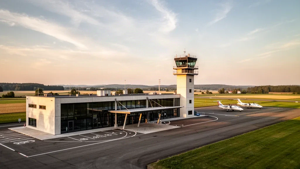 Terminal moderna, plataforma y torre de control del aeropuerto de Kunovice en el campo checo, iluminados por el cálido sol de la hora dorada