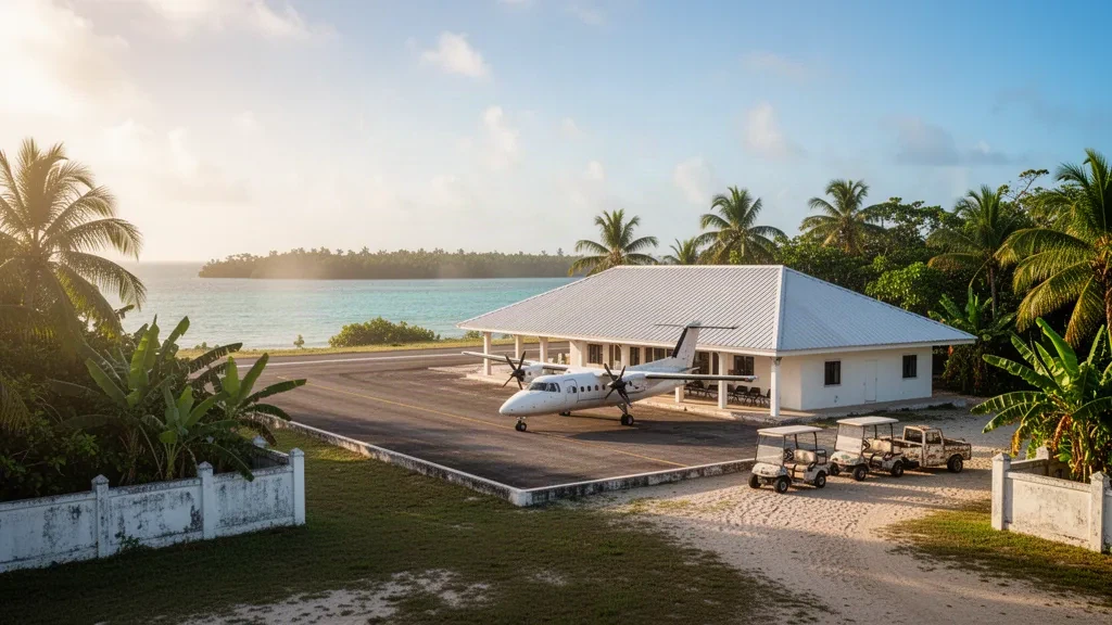 Kleines tropisches Inselflughafenterminal und Start- und Landebahn mit Palmen, einem leichten Verkehrsflugzeug und karibischem Wasser dahinter, Utila Honduras