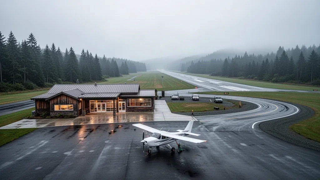 Small general aviation terminal and wet runway at Quillayute Airport near Forks, surrounded by Olympic Peninsula rainforest