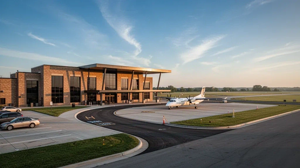 Bâtiment terminal moderne et bas et avion de ligne à turbopropulseur stationné à l'aéroport régional de Quincy Baldwin Field dans l'Illinois par un matin clair à l'heure dorée
