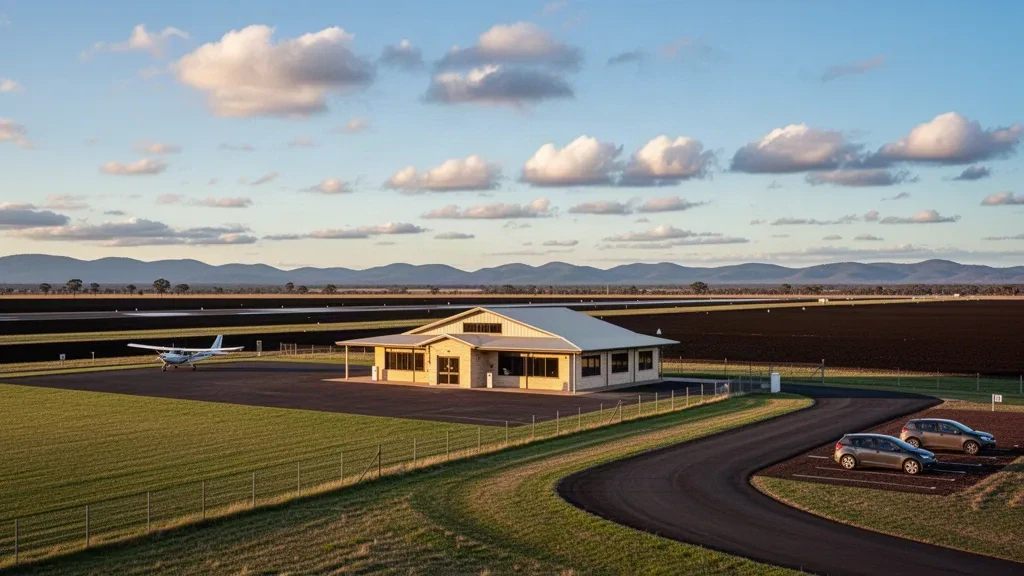 Petit terminal d'aérodrome régional et tarmac à l'aéroport de Quirindi en Nouvelle-Galles du Sud, Australie, sous une lumière dorée avec des terres agricoles au-delà
