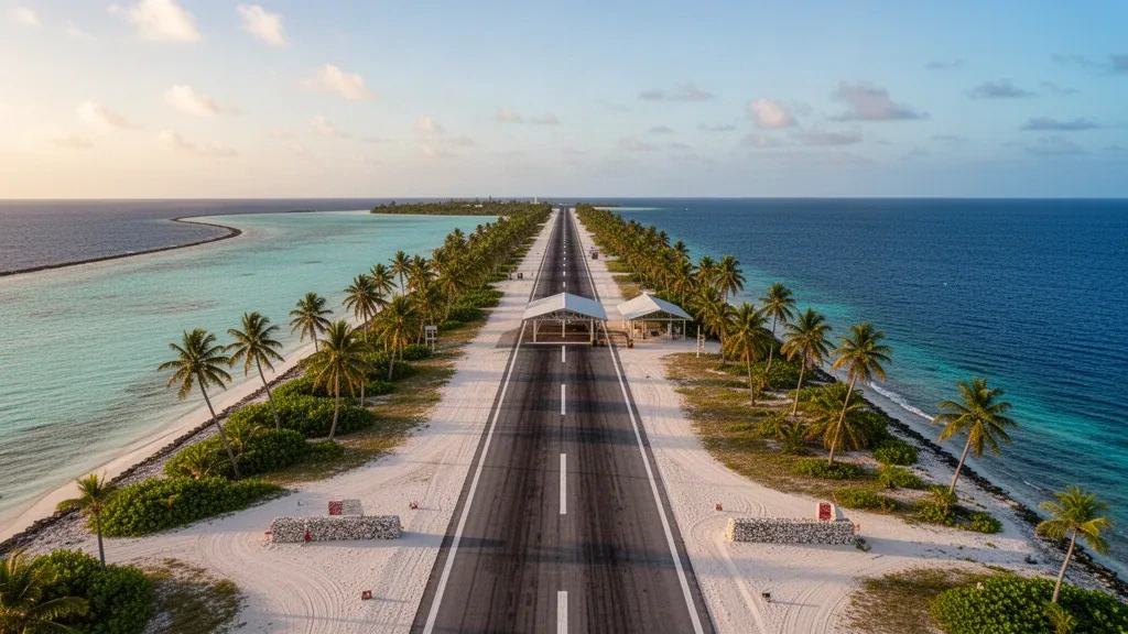 Weitwinkelansicht der Start- und Landebahn des Ujae Atoll Airport, umgeben von tropischen Palmen und türkisfarbener Pazifiklagune auf den Marshallinseln.