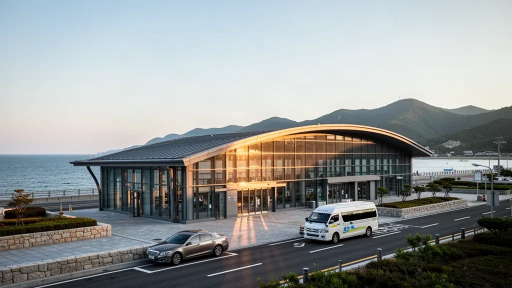 Extérieur moderne d'un terminal vitré à l'aéroport d'Uljin en Corée du Sud, avec voies de dépose, montagnes côtières et mer de l'Est dans une lumière dorée chaleureuse