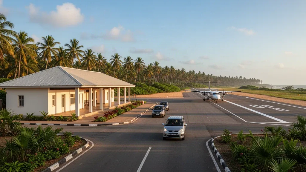 Terminal et piste de l'aérodrome d'Ukunda sur la côte kényane près de Diani Beach, entourés de palmiers tropicaux à l'heure dorée