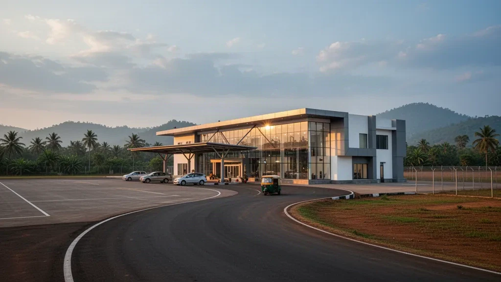 Odisha'daki Utkela Havaalanı'nda altın saatlerde modern cam terminal ve bırakma şeridi, yeşillikler ve uzaktaki tepelerle çerçevelenmiş