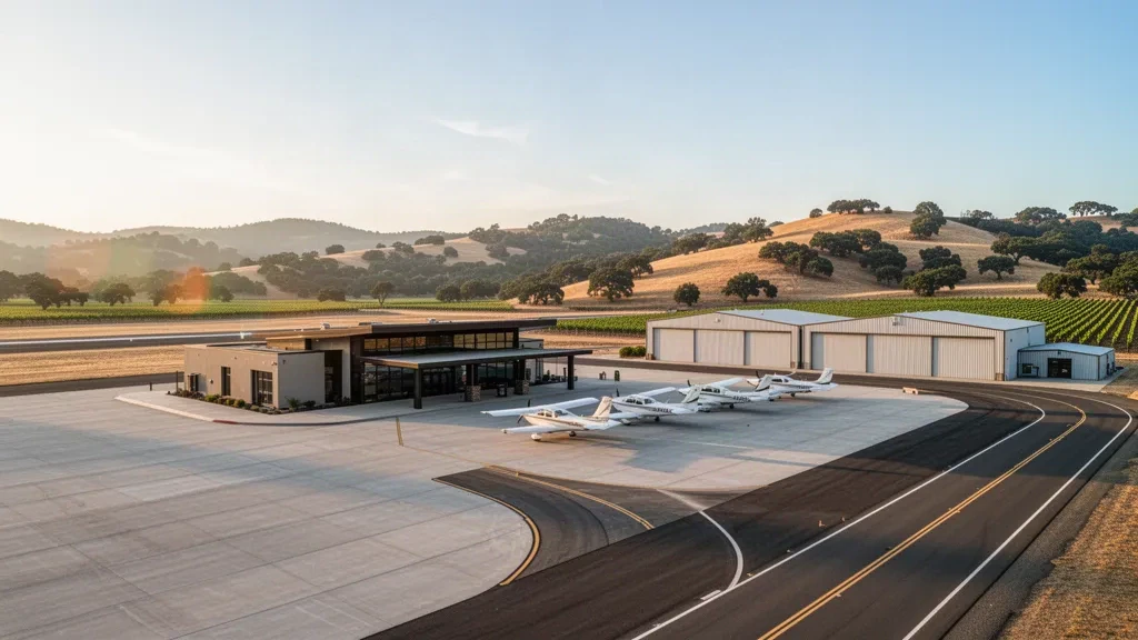 Avión monomotor estacionado en la plataforma junto a la terminal y los hangares del Aeropuerto Municipal de Ukiah, en California, a la hora dorada
