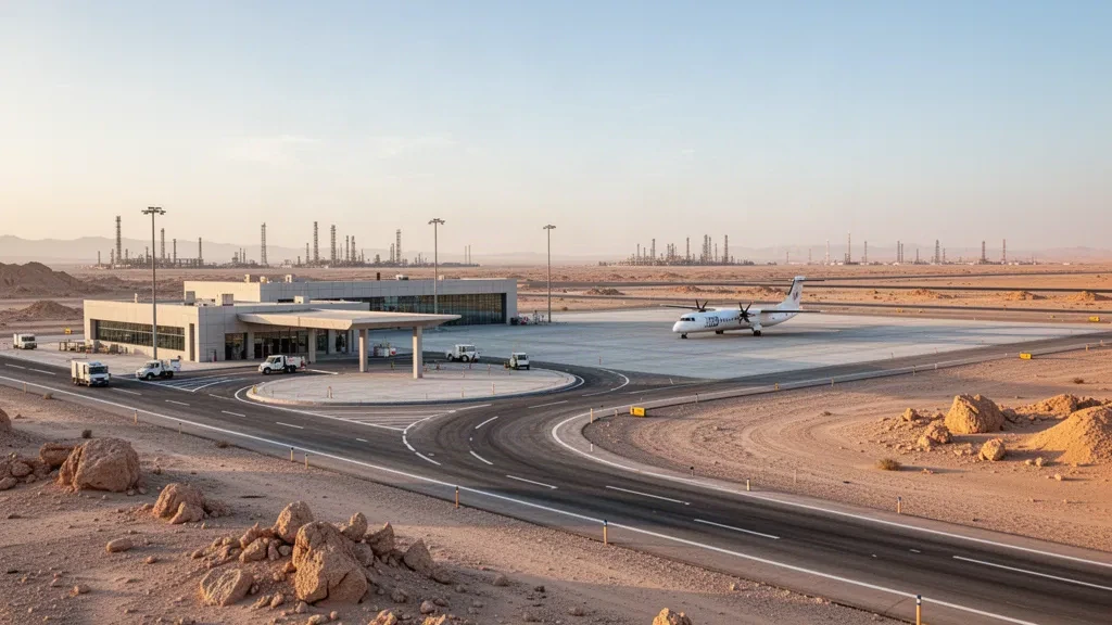 Aeroporto di Mukhaizna in Oman durante l'ora d'oro, con la pista nel deserto, il basso edificio operativo e la strada d'accesso in un'ampia vista di viaggio.