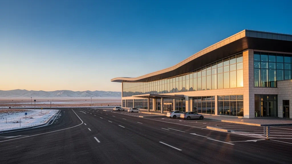 Modern glass terminal and drop-off forecourt at Oskemen International Airport in Kazakhstan at golden hour