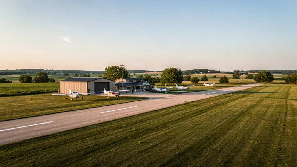 L'Aeroporto Municipale di Waukon in Iowa presenta una pista in erba, un piccolo hangar e un paesaggio rurale sotto la luce dell'ora d'oro.