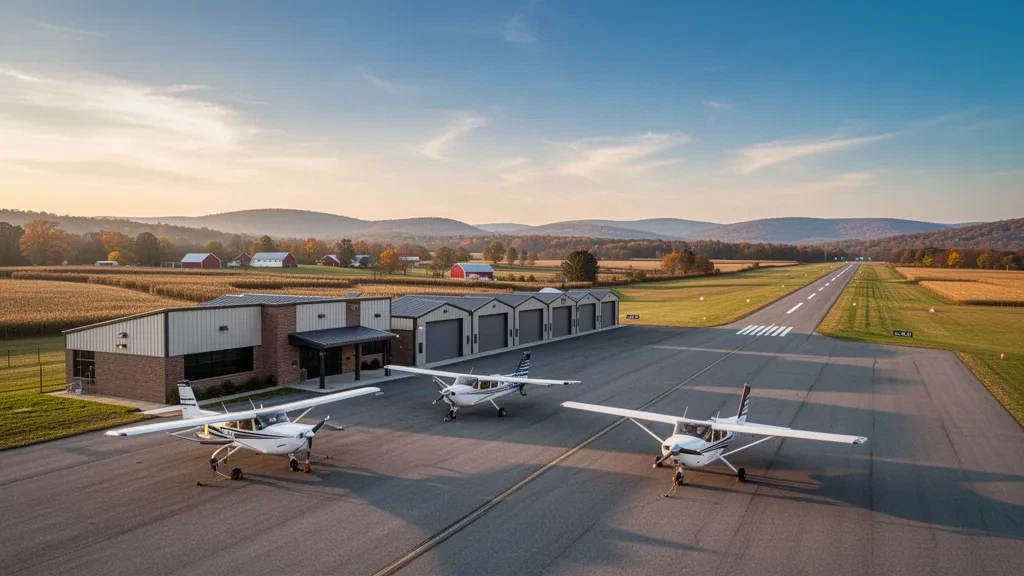 Aereo leggero sul piazzale davanti al piccolo terminal per l'aviazione generale del Quakertown Airport nella contea di Bucks, Pennsylvania