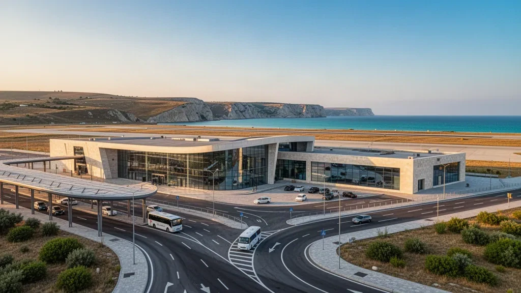 Moderne Glasfassade des Terminals am Flughafen Sewastopol Belbek mit Zufahrtsstraßen und der Schwarzmeerküste zur goldenen Stunde