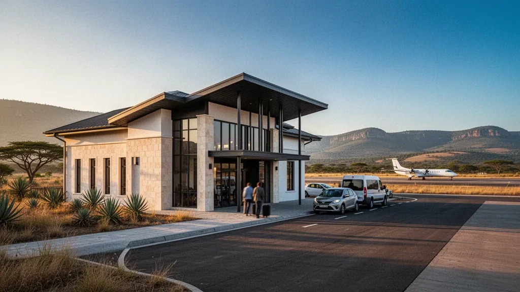 Terminal exterior and drop-off forecourt at Prince Mangosuthu Buthelezi Airport near Ulundi in KwaZulu-Natal at golden hour