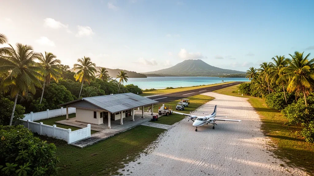 Pista de aterrizaje en una isla tropical en el aeropuerto de Uléi, en Vanuatu, con palmeras, una laguna turquesa y una avioneta ligera durante la hora dorada