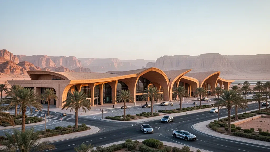 Modern sandstone-toned terminal and palm-lined forecourt at AlUla International Airport in Saudi Arabia at golden hour