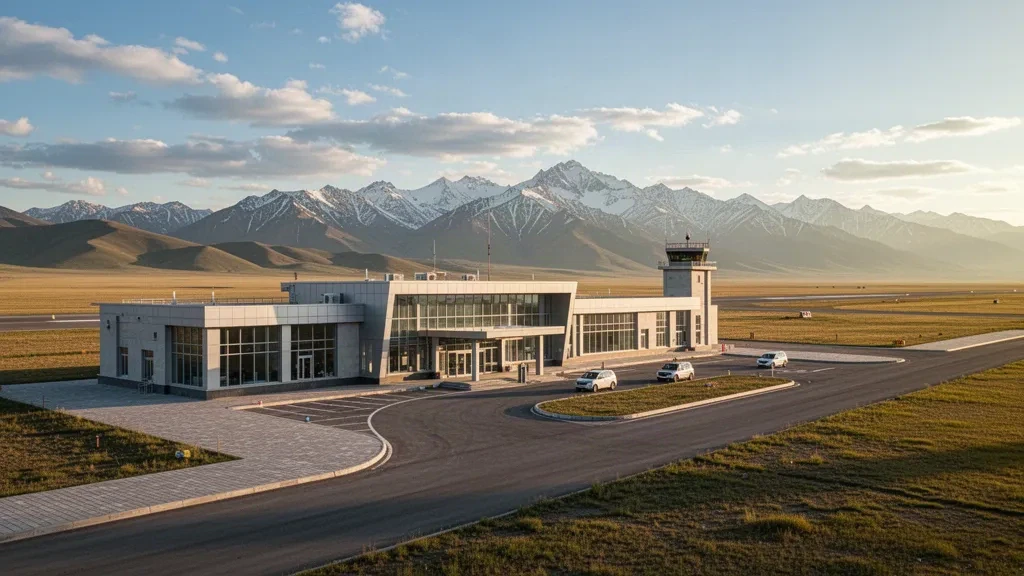 Batı Moğolistan'daki Ölgii Havalimanı'nda modern terminal ve yolcu indirme şeridi, sıcak öğleden sonra ışığında Altay Dağları ile çevrili