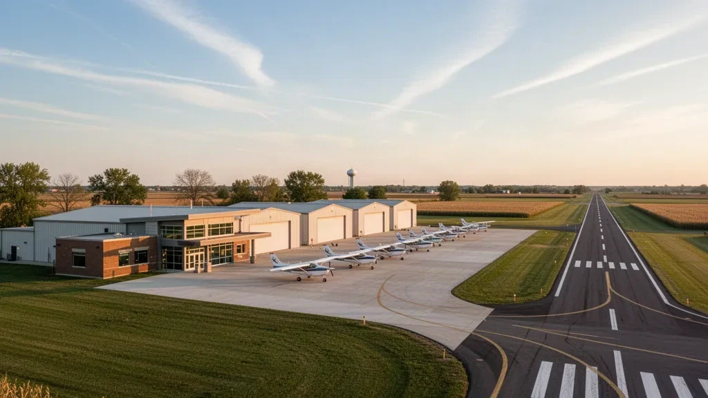 Piccolo piazzale di aviazione generale, hangar e pista all'Aeroporto Municipale di New Ulm in Minnesota con luce calda dell'ora d'oro
