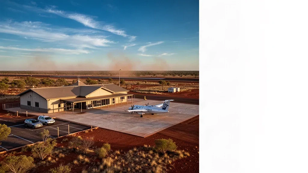 Quilpie Airport apron and low-set terminal building in outback Queensland beneath a clear blue sky