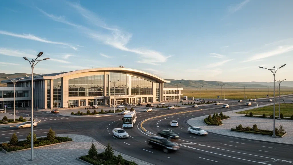 Modernes Terminalgebäude und Zufahrtsstraße am internationalen Flughafen Buyant-Ukhaa in Ulaanbaatar zur goldenen Stunde