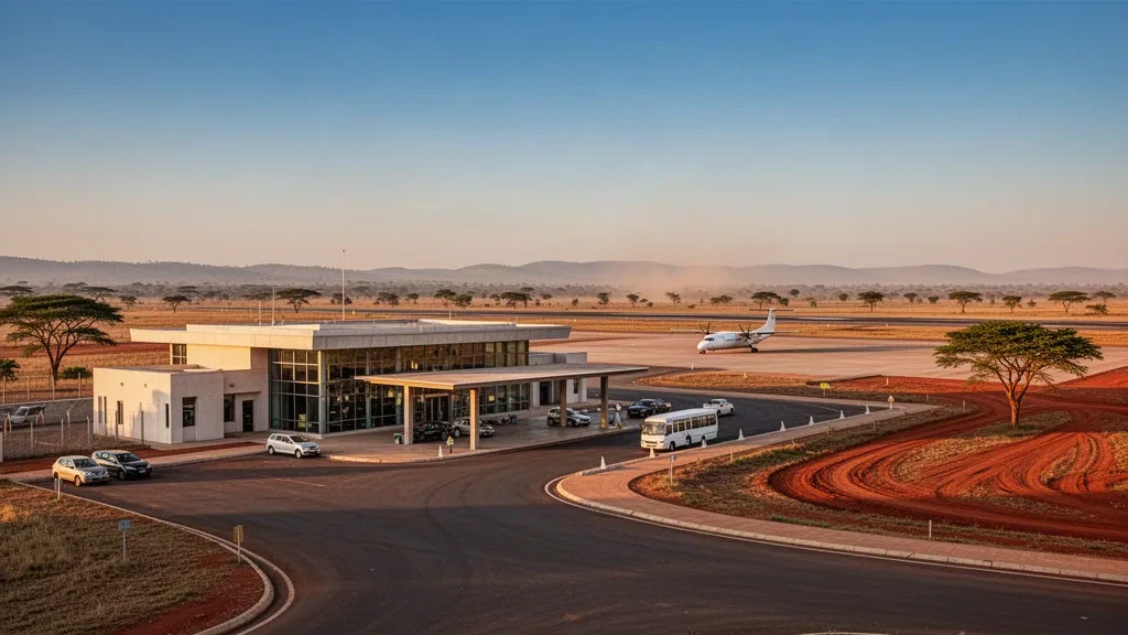 Low-rise regional airport terminal, apron and access road in Gulu, Northern Uganda, under warm golden-hour savannah light