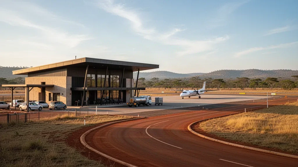 Modern Kalumbila Airport terminal and apron in Zambia's North-Western Province, ringed by miombo woodland at golden hour.