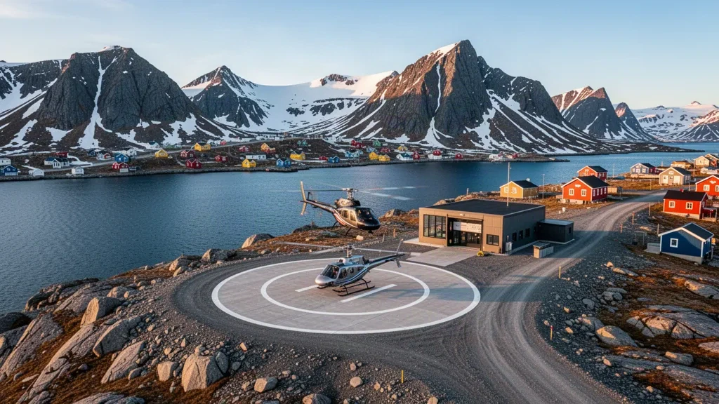 Un hélicoptère à l'héliport d'Uummannaq au Groenland, avec des montagnes rocheuses, les eaux du fjord et des maisons colorées sous une lumière arctique dorée.