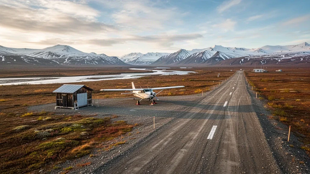 Gravel runway at Umiat Airport in Arctic Alaska, surrounded by tundra and Brooks Range foothills in golden-hour light.