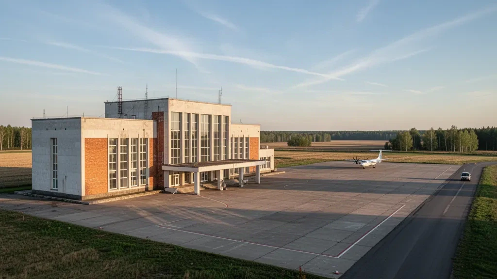Terminal de faible hauteur et tarmac calme à l'aéroport de Soumy, dans le nord-est de l'Ukraine, sous une douce lumière dorée
