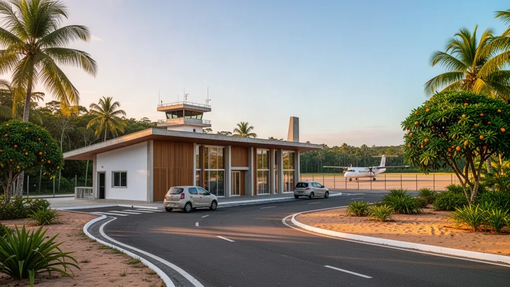 Terminal tropical y plataforma bordeada de palmeras en el Aeropuerto Una-Comandatuba, Bahía, Brasil, iluminada bajo una cálida luz dorada