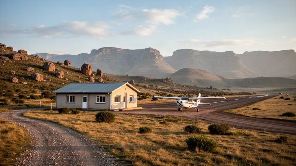 Abgelegener Hochlandflugplatz und bescheidenes Terminalgebäude am Qacha's Nek Airport in der Berglandschaft von Lesotho zur goldenen Stunde