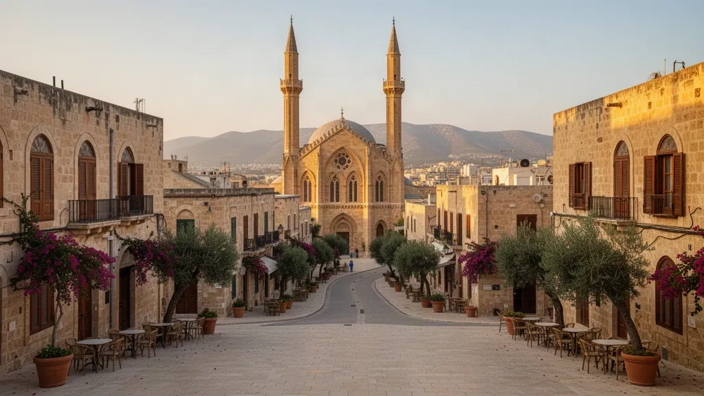 Blick zur goldenen Stunde auf die Selimiye-Moschee und die ummauerte Altstadt von Nikosia, Zypern, mit honigsteinfarbenen Gassen und warmem Nachmittagslicht.