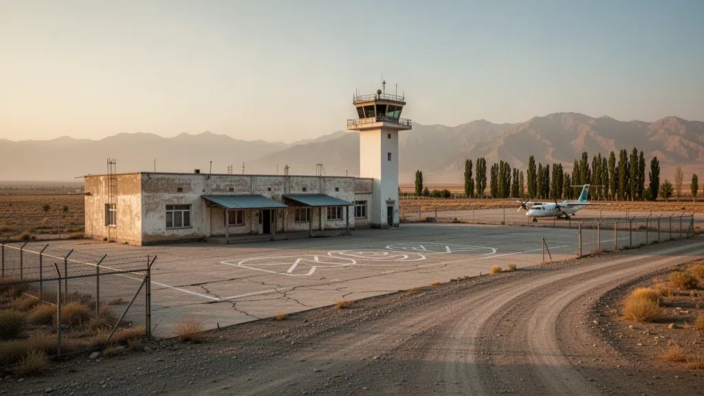 Terminal e piazzale dell'aeroporto di Kunduz nel nord dell'Afghanistan durante l'ora d'oro, incorniciati da pianure polverose e contrafforti montuosi in lontananza