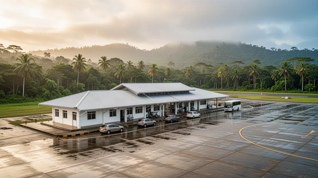 Terminal regionale tropicale e piazzale bagnato all'aeroporto di Unguía nel Chocó, Colombia, circondato dalla foresta pluviale sotto una soffusa luce mattutina