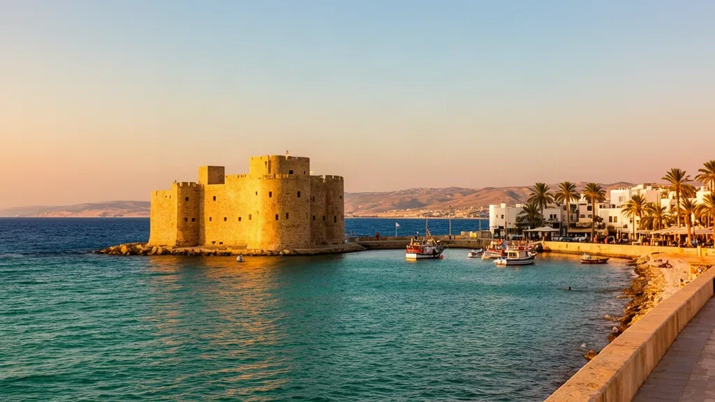 Vista al atardecer del Castillo de Pafos y el puerto mediterráneo en Chipre, con barcos amarrados, palmeras y aguas turquesa tranquilas