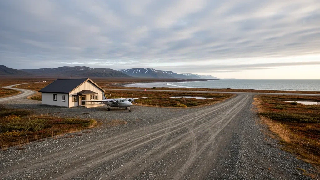 Vista amplia del Aeropuerto de Unalakleet en Alaska con su pista de grava, un pequeño edificio terminal y la tundra abierta bajo un cielo frío del norte.